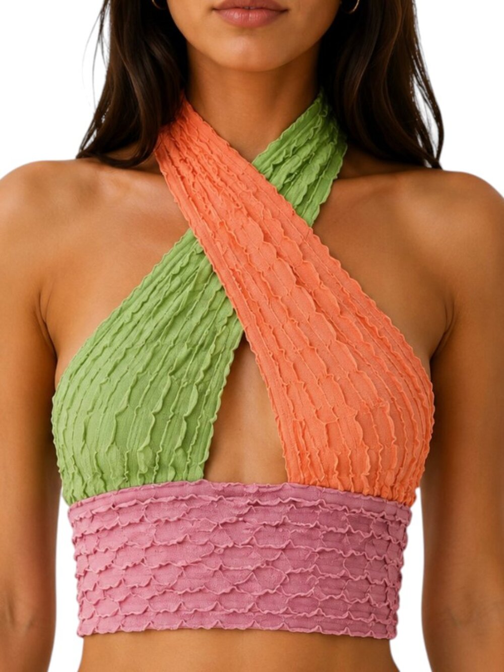 Pastel Colorful Criss Cross Halter Crop Top XS